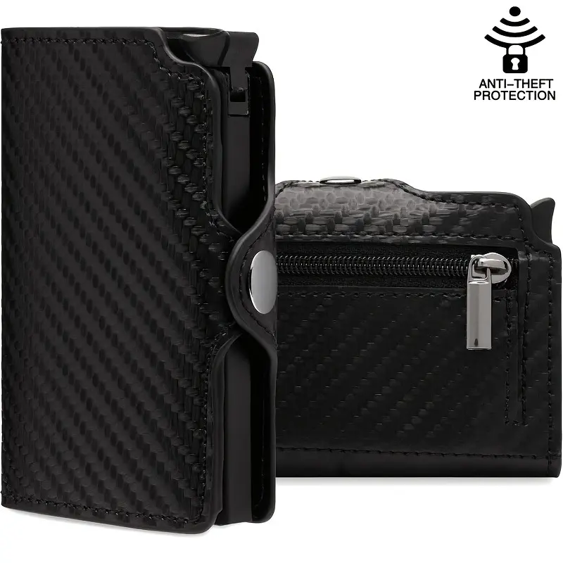 Rfid Blocking Men Credit ID Card Holders Wallets Leather Card Bag Metal Carbon Fiber Plain Card Holder Male Purse with Zipper