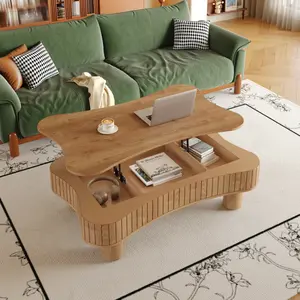 Light Brown Lift Top Coffee Table (42x27in, 13-18.9H) - Rustic Indoor Furniture for Living Room with Fluted Sides, Hidden Storage, Silent Hydraulic Lift, Curved Edges, Pre-Drilled Legs, 5-Min Tool-Free Assembly