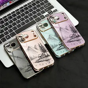 Mountain Cabin Phone Case， Sketch Style， for iPhone 17 16 15 14 13 12 11 Plus Pro Max， Nature Lover Gift. Mountain Forest Landscape Gift a2