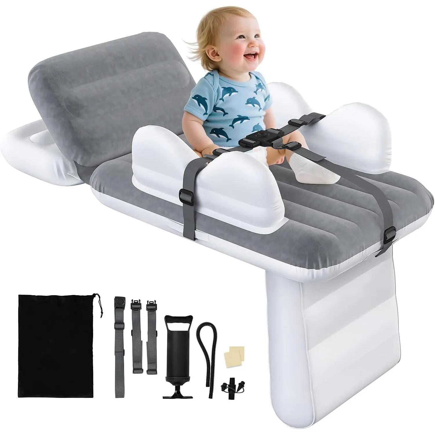 Inflatable Toddler Airplane Bed - Quick-Inflate Inflatable Travel Bed, Kids Seat Extender, Camping Sleeping Gear with Cup Holder, Safety Belt, Hand Pump, Carry Bag for Flights, Cars, Airplane Beds