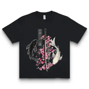 Koi Fish Sword and Sakura Floral Ring Shirt Japanese Warrior Spirit Graphic Streetwear Tee 100% Cotton Unisex Classic Fit - Menswear