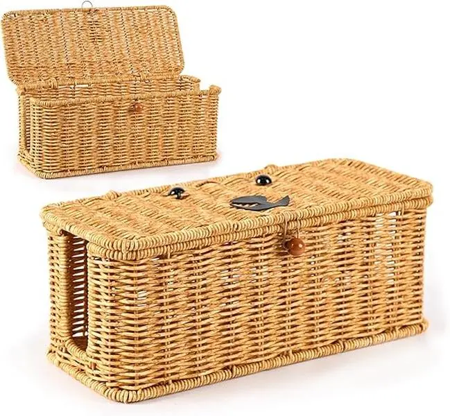 hider box,Imitation rattan cable management organizer storage box with lid 2 open slots extension cord keeper charging basket cover under desk for hide wire cords