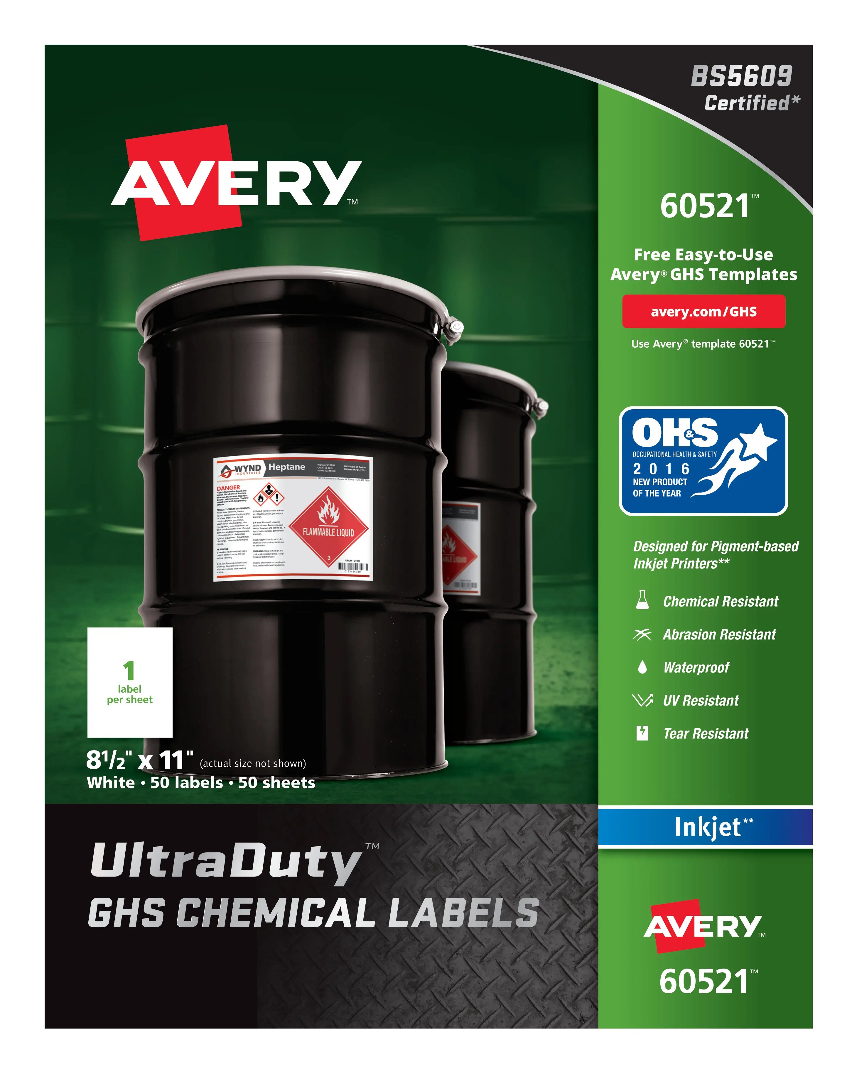 Avery UltraDuty GHS Chemical Inkjet Sticker Paper - Pigment Inkjet Printer Compatible, Marine Adhesive, Waterproof, UV Resistant, 8.5in x 11in Sheet Format, Print on Demand, 50 Labels (60521)