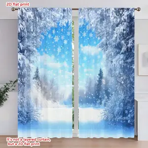 2D Flat 2Pcs winter snow tree print semi blackout curtains, pole hung transparent, festive scene bedroom, living room, home decorative, Home Textile, Window Curtain