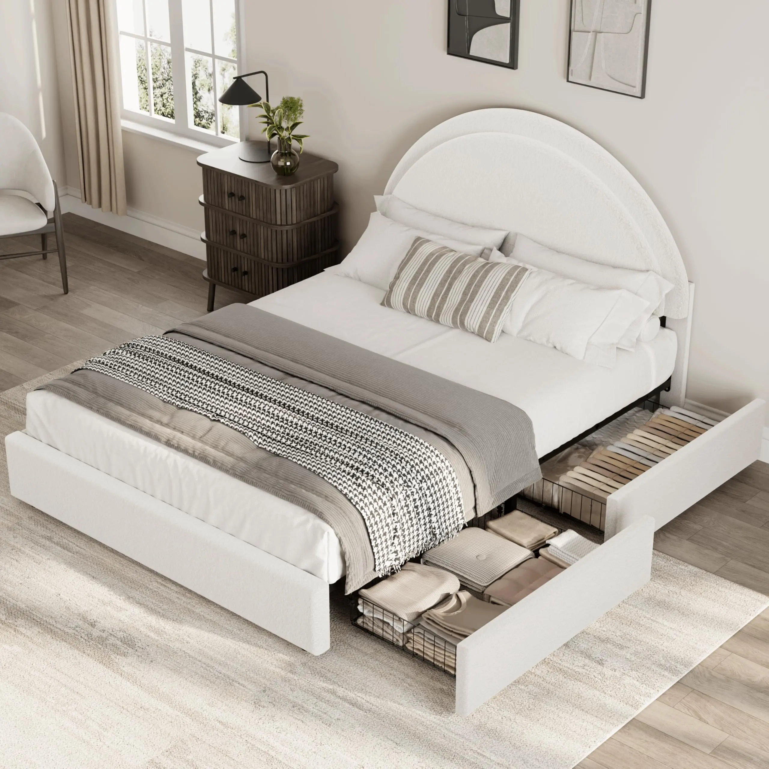 Garvee Modern Upholstered Boucle Full Size Bed Frame - Round Headboard, Heavy-Duty Structure, High Strength, Hidden Storage Drawers, Noise-Free, No Box Spring Needed, Modern Upholstered Bed, Full Size Bed Frames