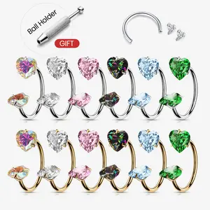 20G Titanium Heart Gems Horseshoe Nose Ring Free Auxiliary Tool Ball Holder Included - Piercing Jewelry