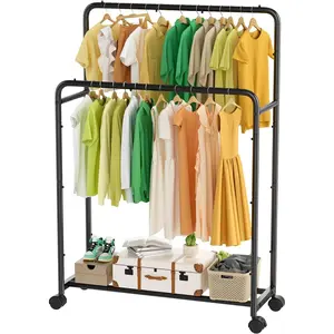 Simple Trending Clothing Clothes Rack Double Rods with Wheels, Rolling Metal Garment Rack for Hanging, Black