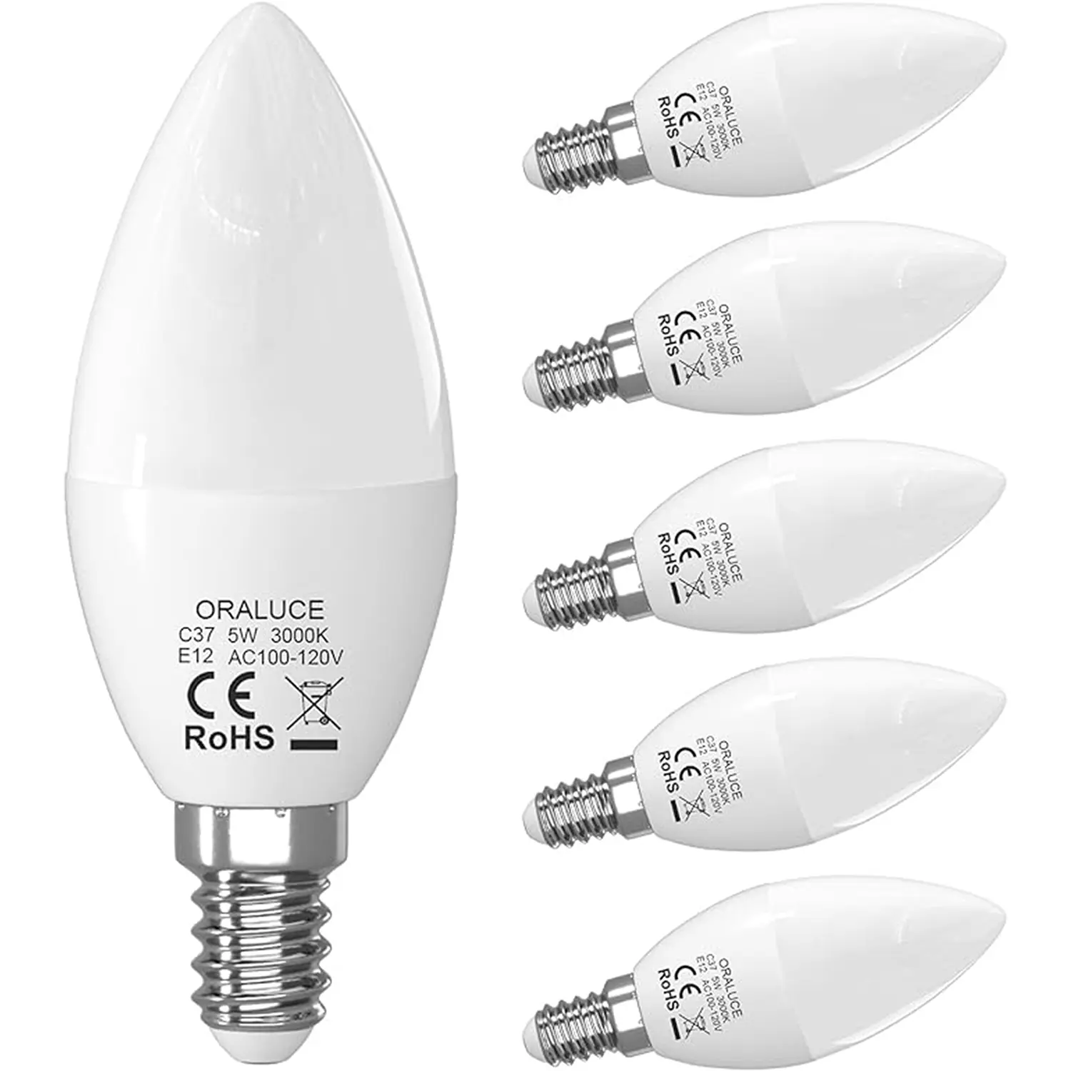 E12 LED Candelabra Whole Bulbs, 40W Equivalent Non-Dimmable Type B Chandelier Bulbs, 5W 450LM White LED Bulbs for Ceiling Fan, 6-Pack, Whole Bulb