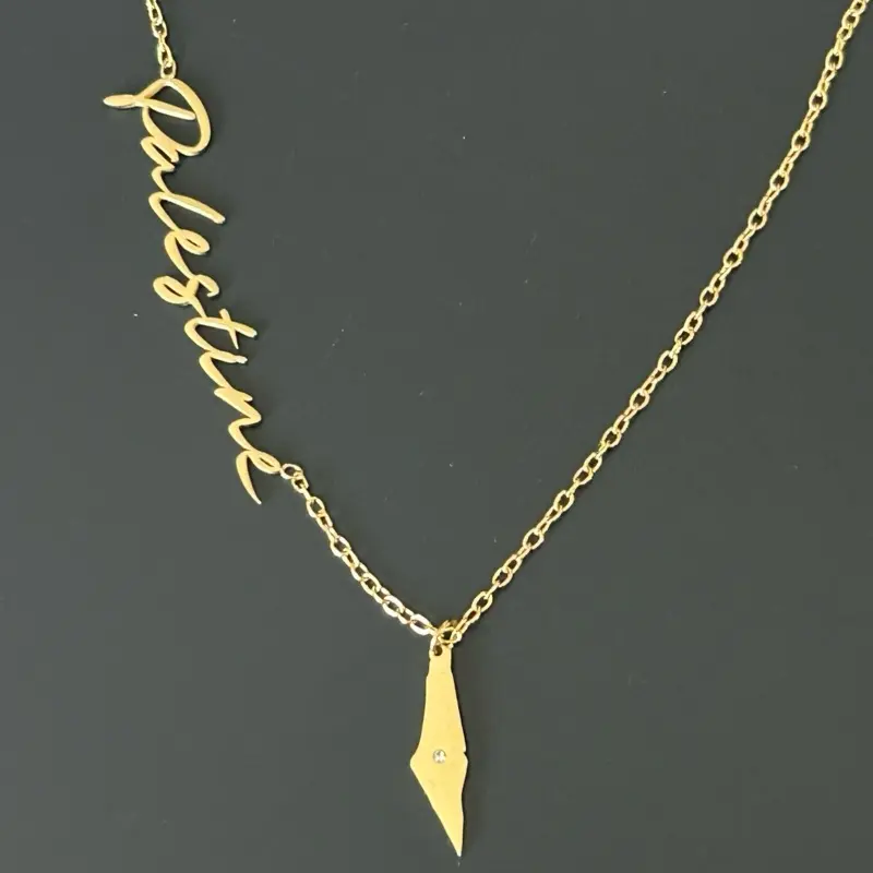 "Palestine" Script Necklace with Palestine Map Charm - Minimalist Palestinian Jewelry, Cultural Necklace, Gift for Her, Gold-Tone Chain