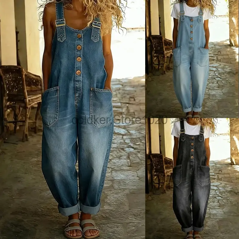 Women Casual Sleeveless Hollow Out Wide Leg Denim Jumpsuit Summer Fashion High Waist Playsuits Overalls