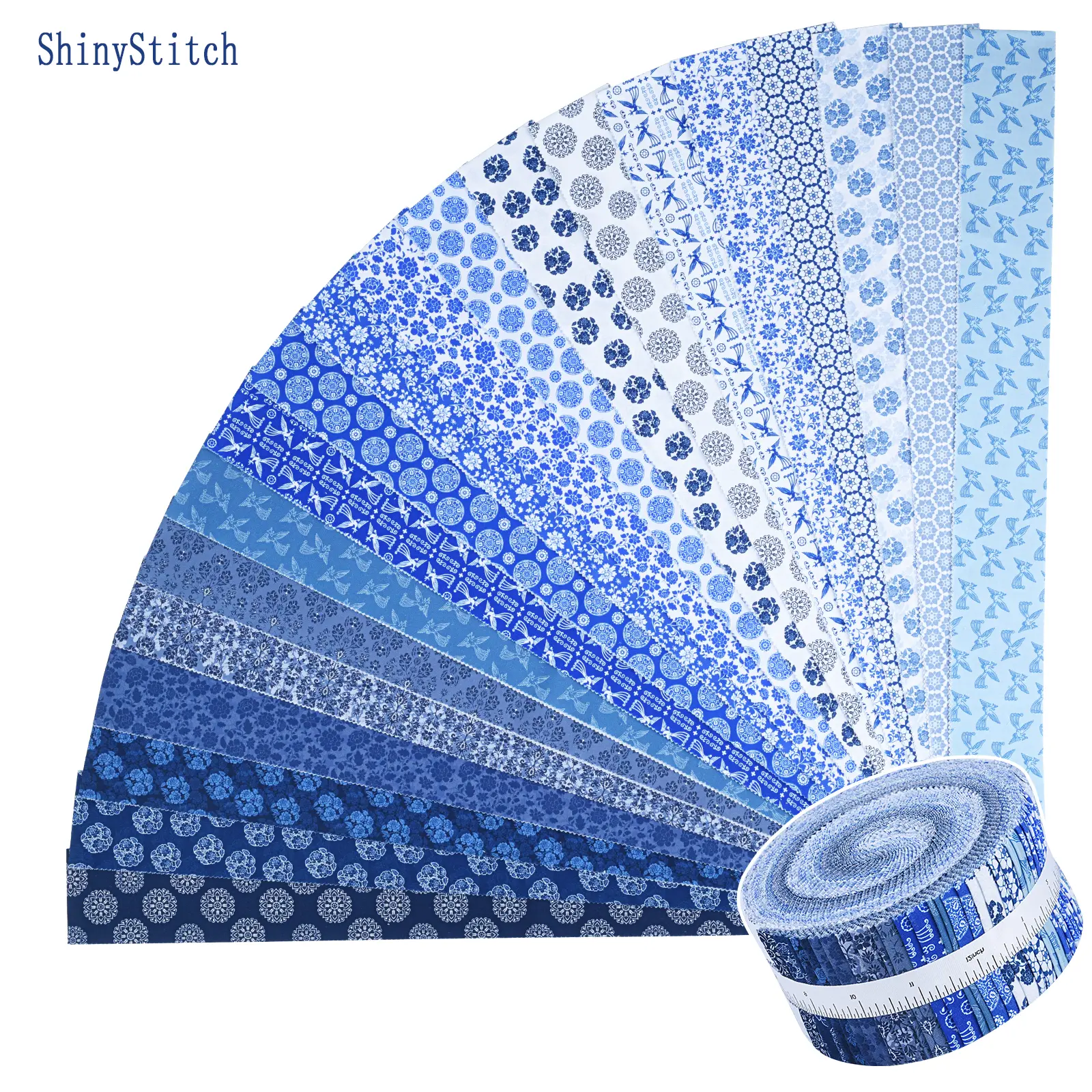 ShinyStitch Precut Cotton Fabric Strips Roll - 5.5 oz Medium Weight, 40 x 2.5"x44" Strips, Soft Premium Cotton Material for Quilting, Patchwork, DIY Crafts, Porcelain Sewing Supplies