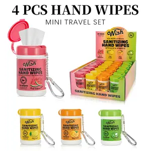 4 Pack-80ct,Wish Sanitizing Hand Wipes Canisters Travel Size,Mini Hand Wipes,With Kiwi, Orange, Watermelon, Lemon Scents,For Travel, Outdoor Picnics, Kitchen, Bathroom, Household Cleaning Supplies, Dish Towels, Stove Cleaning Cloths
