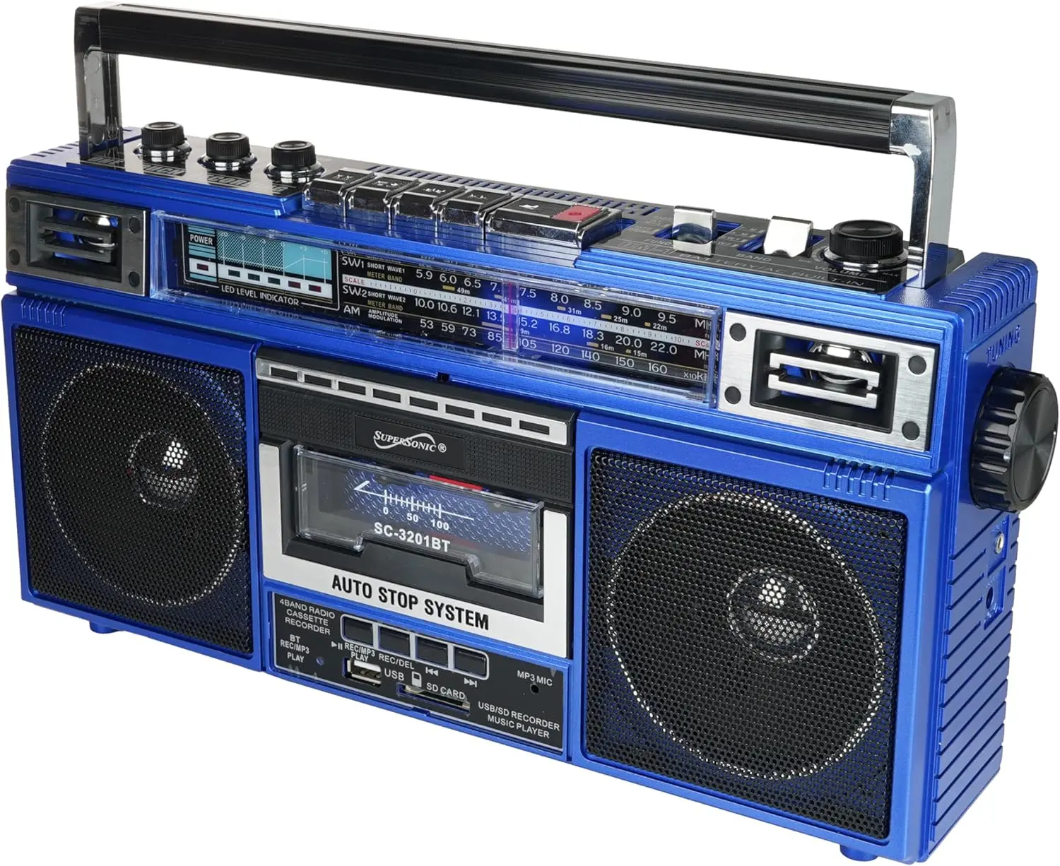 Supersonic SC-3201BT Portable Retro 4-Band Radio & Cassette Player Boombox with Bluetooth Audio, SD Card Slot, Blue Auto-Stop System, Digital Handheld Radio Record Player