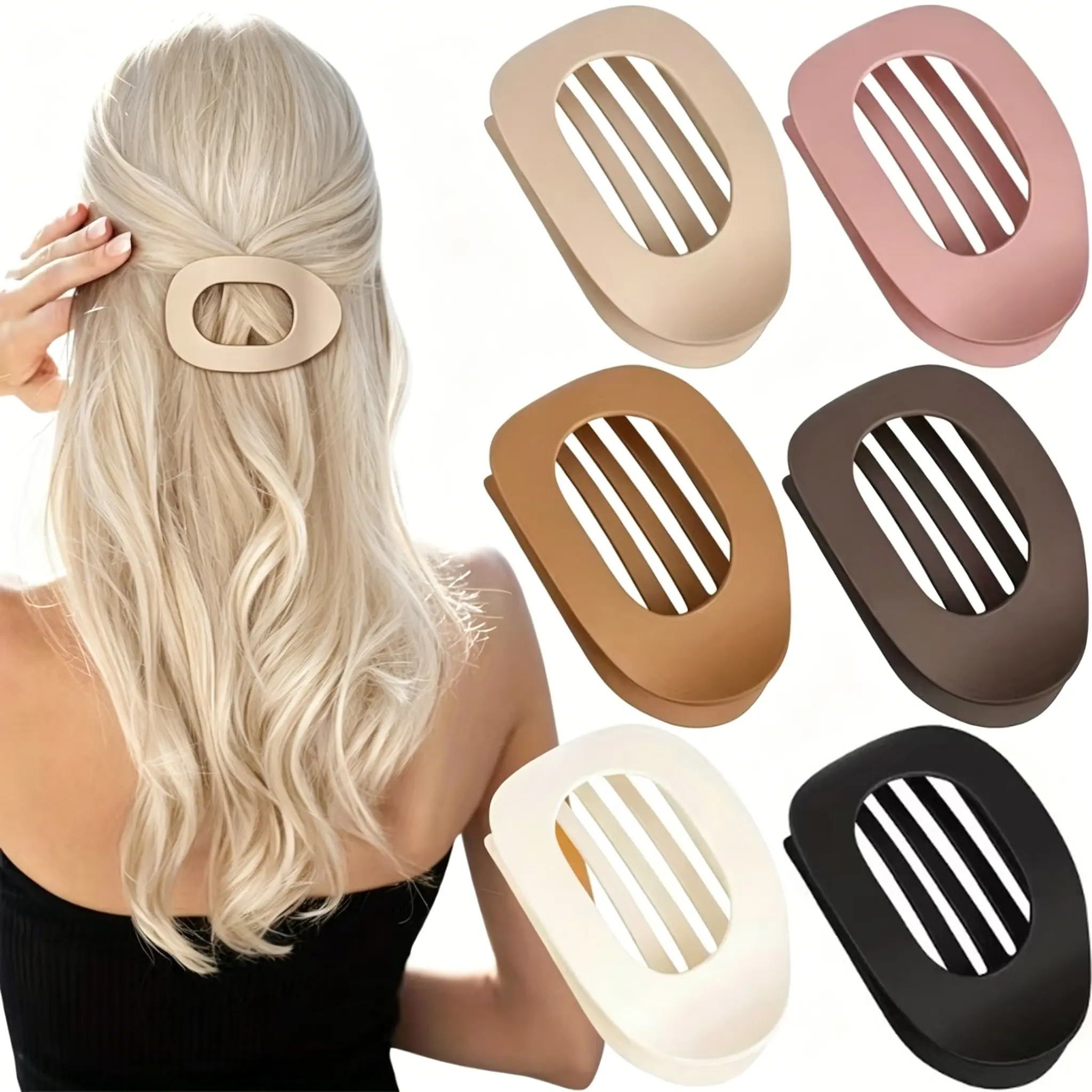 Unisex 6-Pack Compact Duckbill Flat Claw Hair Clamps, Round Shape Solid Color Matte Plastic, Simple Elegant Strong Grip for Daily Wear Hair - Perfect Birthday/Bridal Shower Party Favors for Girls, Matte Finish