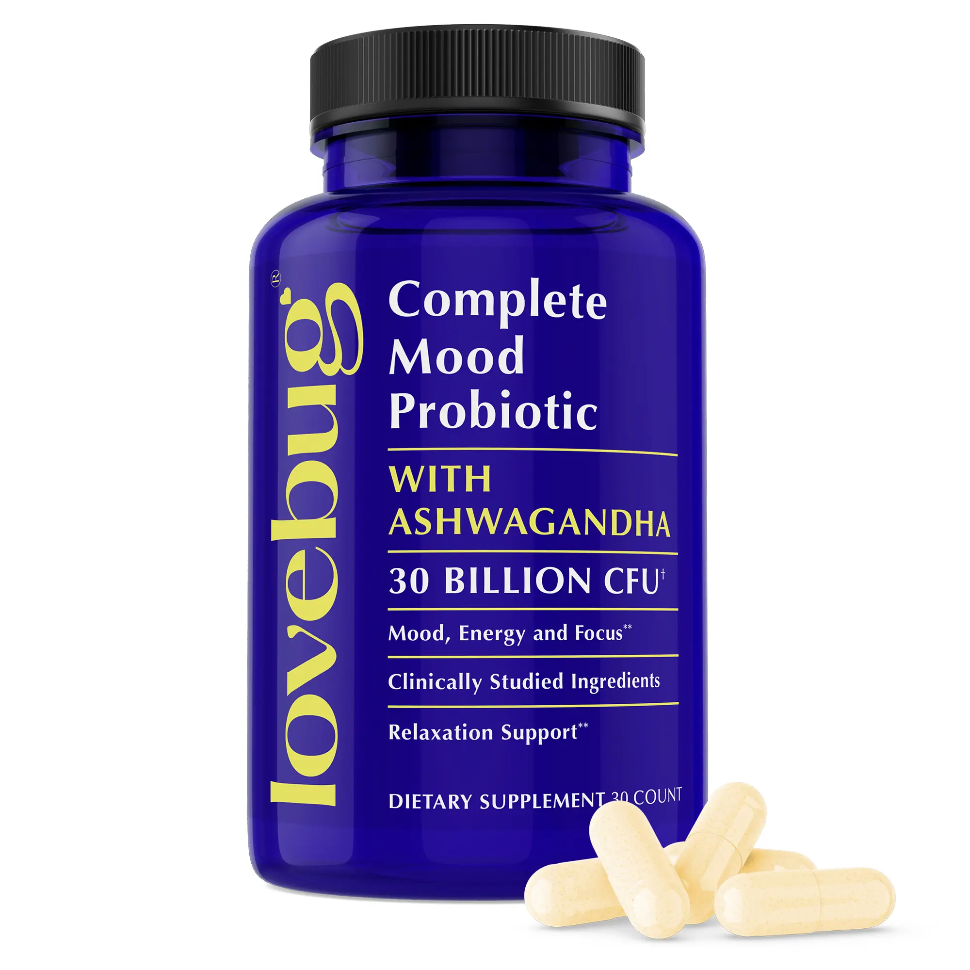 Lovebug Complete Mood Probiotic | 50 Billion CFU, 10 Strains | Sensoril Ashwagandha, Turmeric & B Vitamins | Daily Gut, Energy & Mood Support | 30 or 60 Day Supply