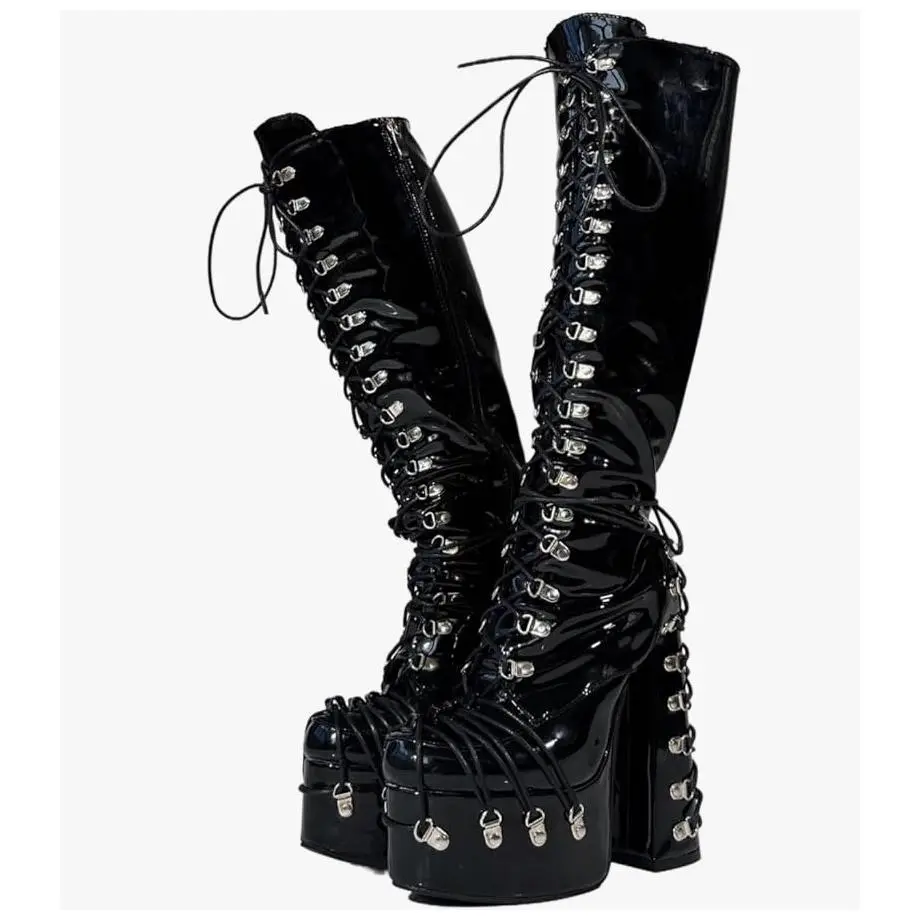 Exotic fantasy Frankie Hsu Goth Sexy Chunky Platform Knee High Heeled Lace Up Boots