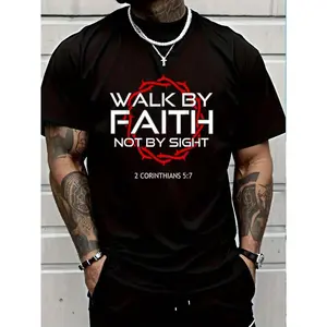 Jesus Walk By Faith Christian T-Shirt Round Neck Short Sleeve T-Shirt Women's Men's Graphic Tee Women's Men Graphic Tee Novelty Graphic T Shirt funny tshirt Undershirts Tees Casual Streetwear Classic Plain Men's Women Cotton Moisture Wicking Short Sleeve