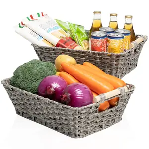 ROSOS large Wicker Baskets 2 Pack, Washable Big Wicker Baskets for Storage with Wooden Handles, Waterproof Plastic Wicker Storage Basket for Shelves, Large Wicker Basket in Size 14.5"x10.6"x4.5", Grey