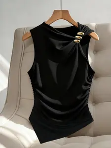 Women's Casual Fashion Metal Decor Waist Pleated Fitted Tank Top, Sleeveless Blouse, Perfect for Beach and Vacation Wear