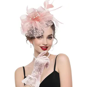 Set Of 5 Elegant Women'S Fascinator Set with Veil Mesh Headband Feather Hat Lace Bowknot Gloves,Faux Pearl Earrings,A Beaded Chain for Tea Party Cocktails,Birthday Club Wedding Hat Accessories