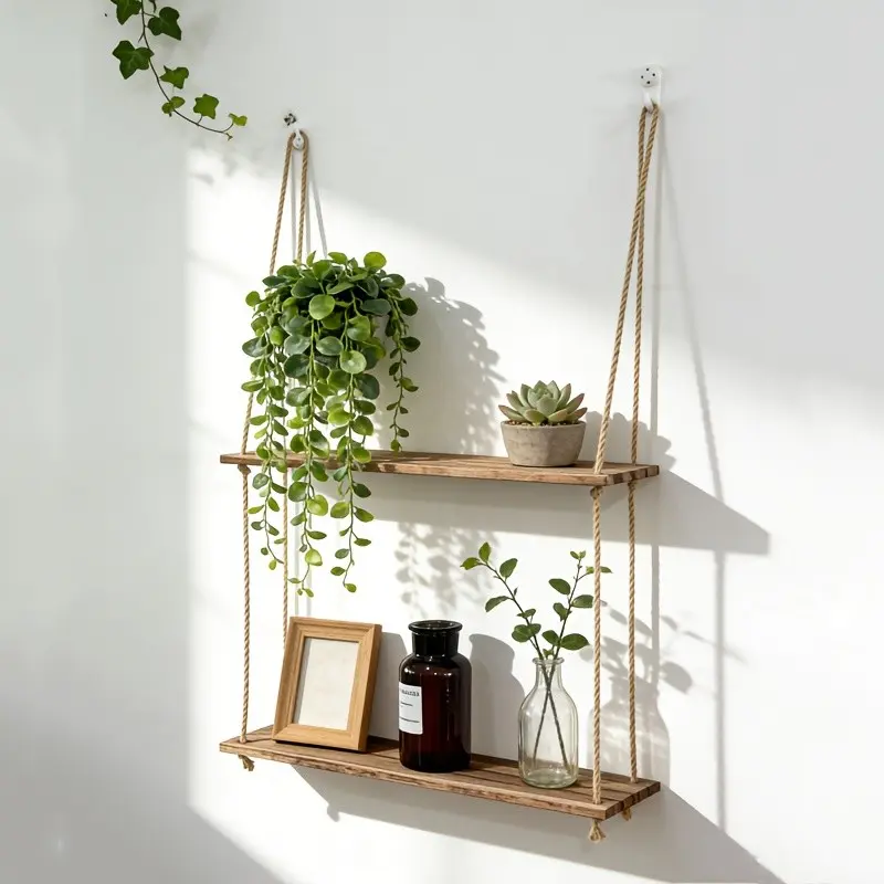 Bohemian-Style Wooden Double-Layer Double Tiers Wall-Mounted Storage Shelf, Hemp Rope, Plant Storage, -Style, Handcrafted, Nordic Minimalist Home Decor, Wooden Shelf For Wall, Decoration