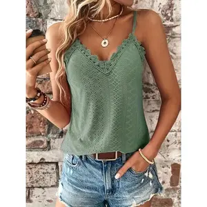 Women’s plain eyelet embroidery cami top with contrast lace and a backless design; boho V-neck spaghetti-strap summer top; fashionable women’s top for everyday wear; GARMENTARY—quality and durability