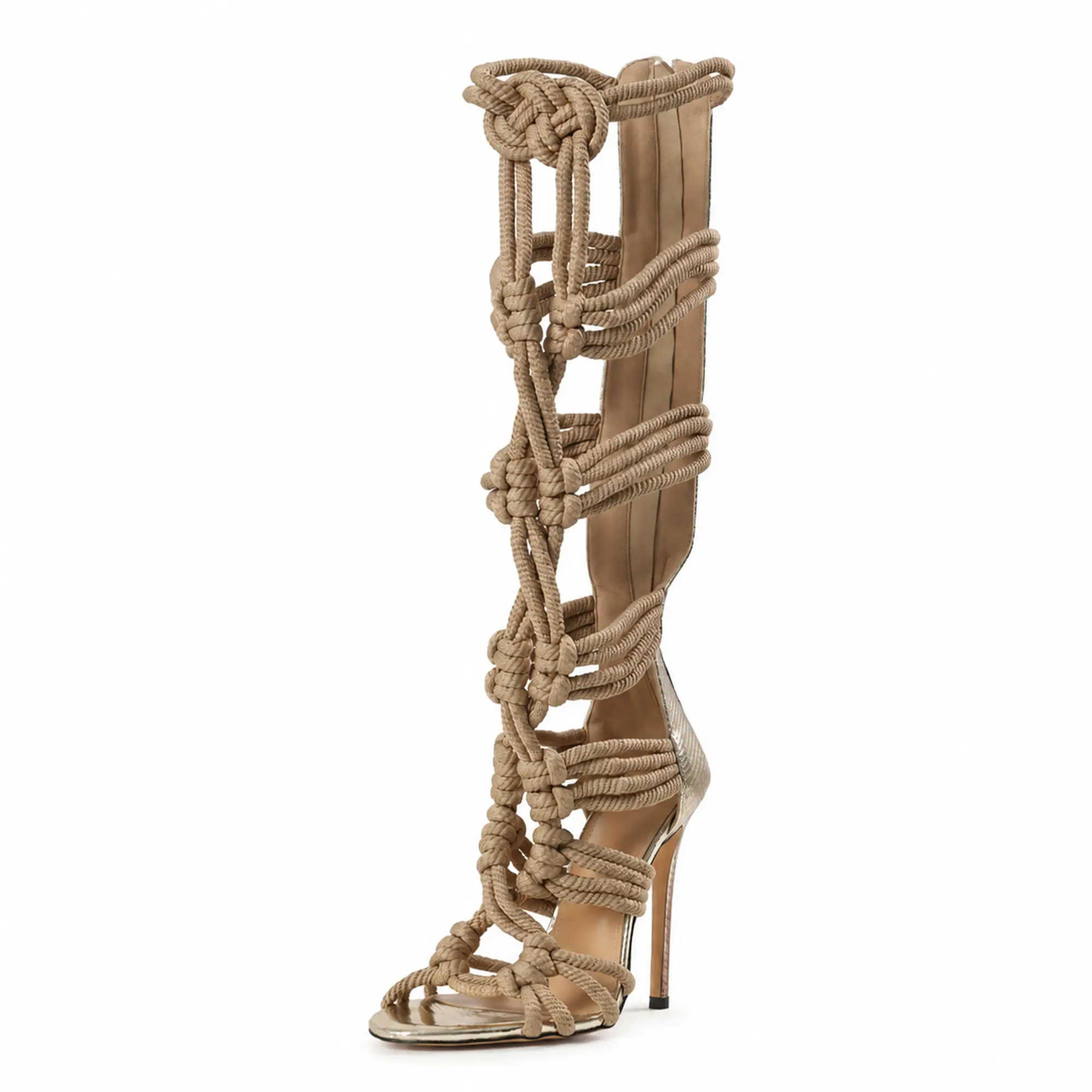 AMINUGAL Women's Gladiator Footwear - Open Toe, Stiletto Heel, Knee High, Rope Knotted Lace Up Sandals