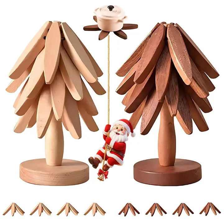 Natural Tree Wooden Trivet Set - 4-Piece Kitchen Coasters with 1 Stand, 7.8in Foldable High-Density Construction, Heat-Resistant Durable Solid Wood, Protects Quartz, Decorative for Hot Pots, Coffee Dishes, Birthday Gifting, Tableware, Christmas Tree