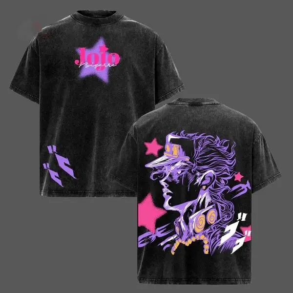 Vintage Washed JoJo's Bizarre Adventure Jotaro Kujo Double Sided T-Shirt, Oversized Retro Distressed Anime Graphic Tee, Harajuku Streetwear Y2K Aesthetic, 100% Cotton Casual Short Sleeve Top, Japanese Manga Star Platinum Print Summer Outfit for Men Women,