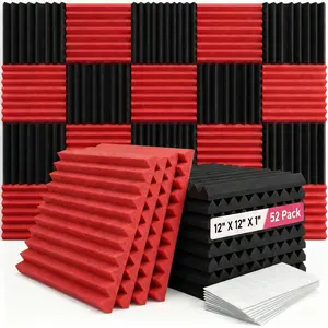 52 pieces of black and red soundproof foam panels are suitable for walls, 1 X 12 X 12 inch (about 30 * 30 * 2.5 cm) soundproof foam panels, high-density sound-absorbing panels, and noise reduction studios Installation Recording