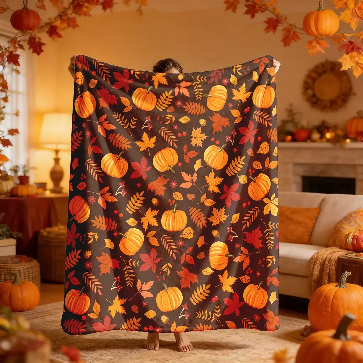 Classic Pumpkin Print Flannel Throw Blanket - Ultra Soft Knit Fleece, Large Size, Lightweight for Couch/Bed & Home/Travel, 2024 Fall Thanksgiving Decor, Warm Fuzzy Gift for Women