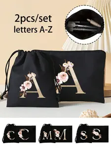 Makeup bag two-piece set, A-Z personalized black makeup bag set, mini drawstring makeup bag, wash bag, travel makeup bag, makeup storage bag, women's gift, lightweight foldable storage bag, suitable for personal travel makeup storage, travel makeup bag