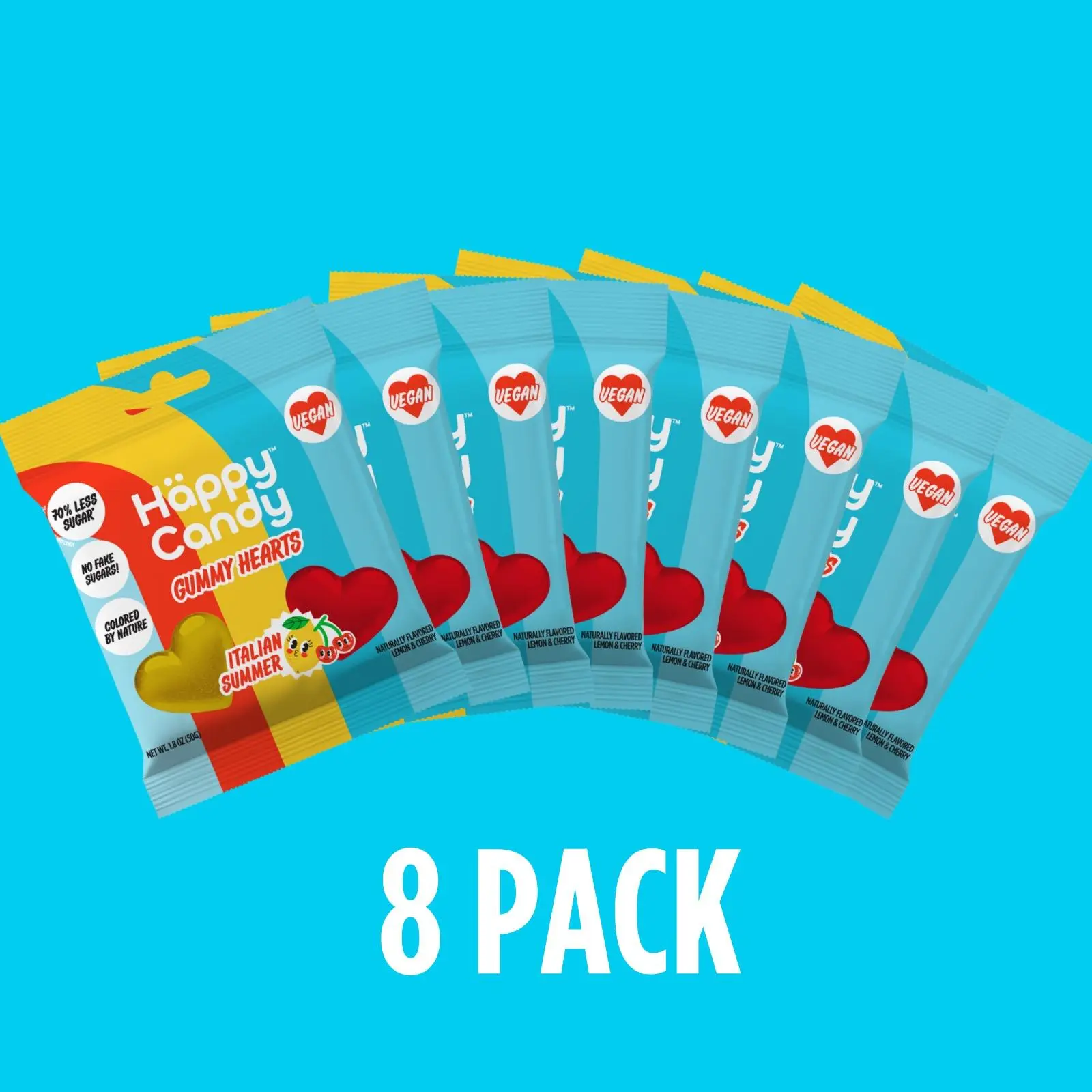 Happy Candy Italian Summer 8 Pack Gummy Hearts 70% Less Sugar Vegan Lemon Cherry Flavor Non-GMO Natural Colors No Dyes Gluten-Free Snack