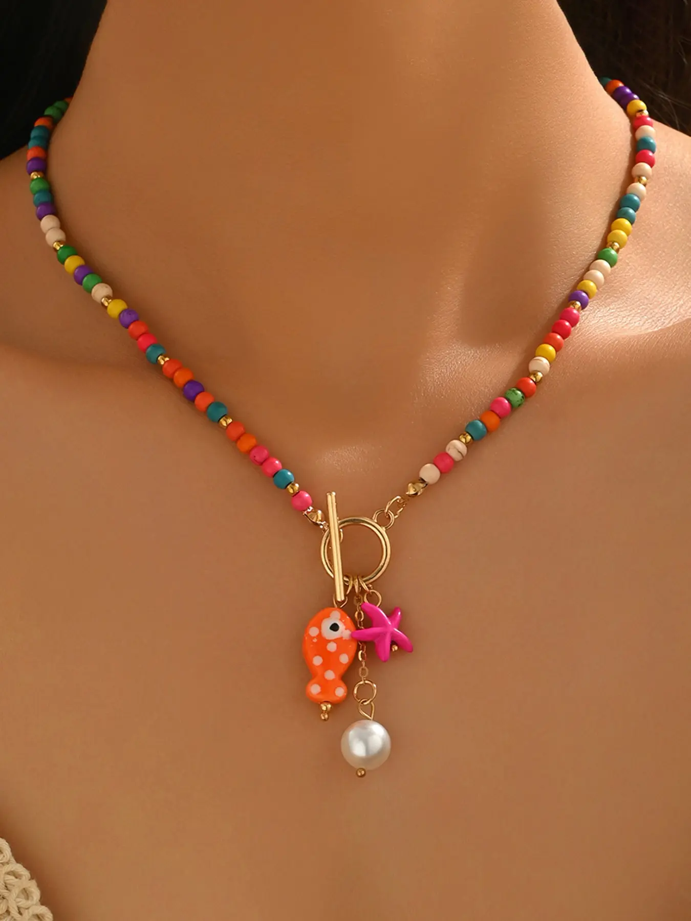 Summer Ceramic Fish & Starfish Pendants Beaded Necklace, with Toggle Clasp Design, Fashion Faux Pearl Decor Necklace, Cute Summer Jewelry, Jewelry Gifts, Perfect Gift for Women