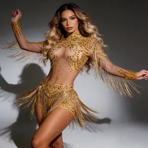 Women's Latin Dance Gold Sparkly Rhinestone Bodysuit, Long-Sleeve High-Neck Fringe Dancewear, Women's Clothes, Clothes for Competition Performance, Stage Costume