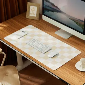 Checkered Desk Mat, 24" x 14" Large Cute Beige Sand Aesthetic Retro PU Leather Computer Laptop Desk Mat, Non-Slip Waterproof Mouse Keyboard Pad, Desk Writing Mat for Work/Home