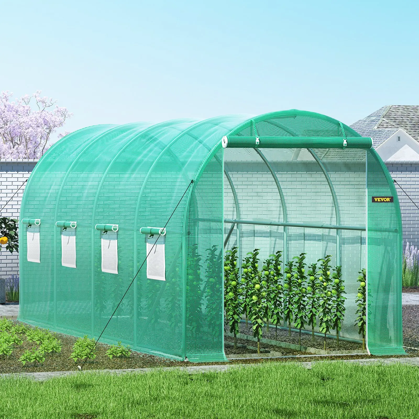 【summerfinds】VEVOR Walk-in Tunnel Greenhouse, 15 x 7 x 7 ft Portable Plant Hot House with Galvanized Steel Hoops, 1 Top Beam, Diagonal Poles, Zippered Door & 8 Roll-up Windows, Green, Outdoor, Greenhouse Structure Greenhouses