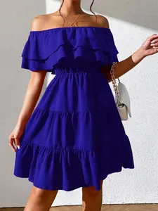 Off Shoulder Ruffle Hem Dress - Casual Beachwear Summer