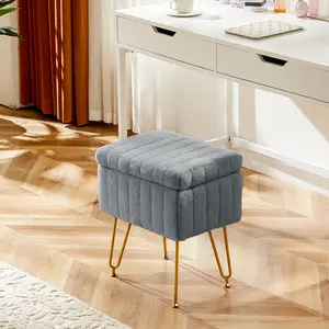 HomeSquad Vanity Stool Chair with Storage, Ottoman Faux Fur Soft Padded Makeup Footstools Seat with 4 Metal Legs Anti-Slip Adjustable Feet Modern Cute Small Footrest for Home Entryway Bedroom