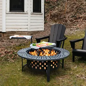 36 Inch Fire Pit with 2 Grills, Wood Burning Fire Pits for Outside with Lid, Poker and Round Waterproof Cover, BBQ& Outdoor Firepit & Round Metal Table 3 in 1 for Patio, Picnic, Party