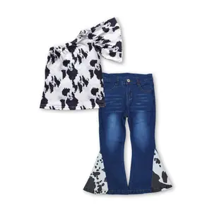 Girl Spring Outfit Cow Print Jeans Set Bell Bottom Outfit