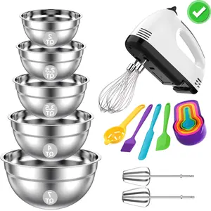 7-Speed Electric Hand Mixer, 5 PCS Mixing Bowls Set, Metal Nesting Storage Bowls for Kitchen, Size 7, 4, 3.5, 2.5, 2 QT, Great for Prep, Baking, Serving