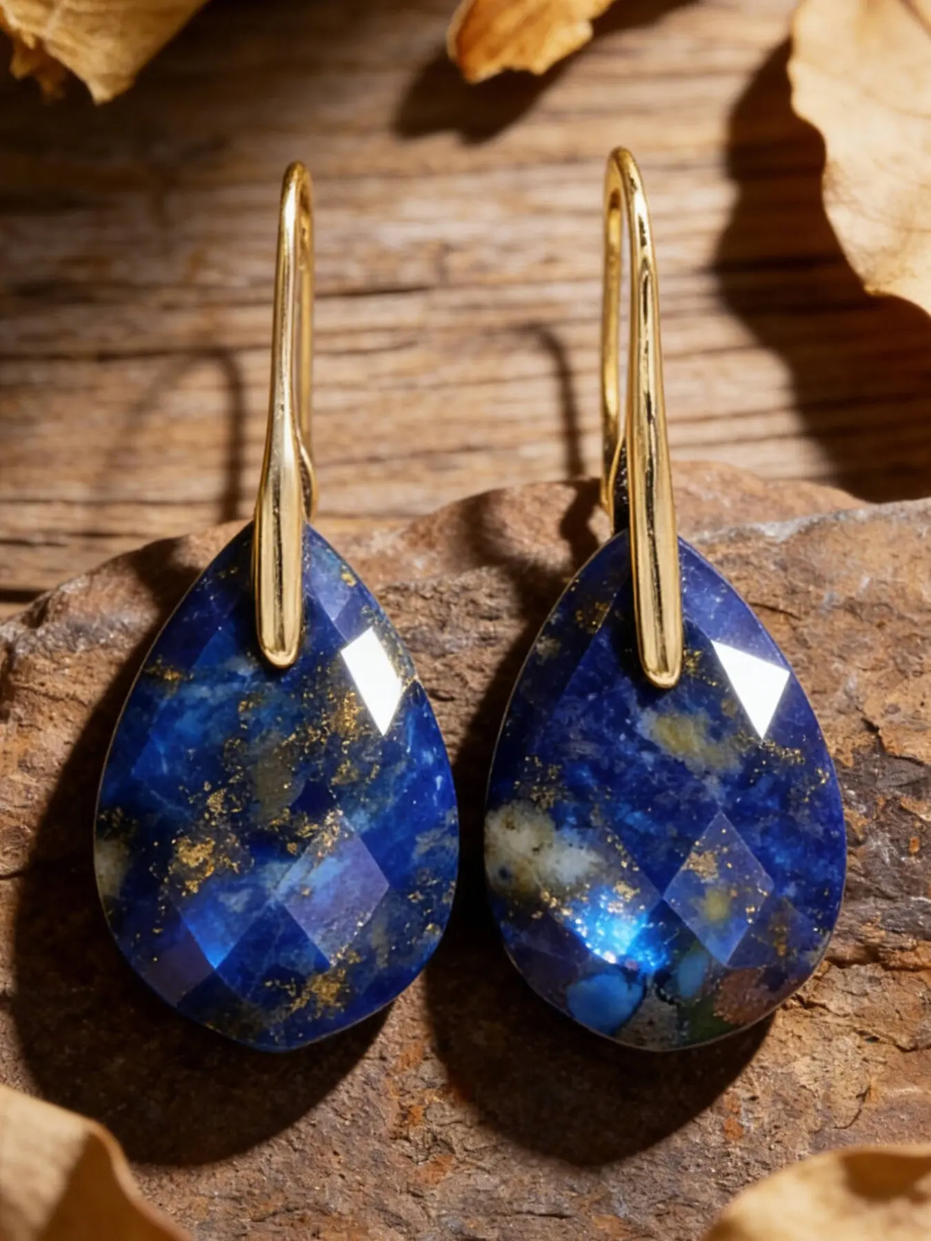 Vintage Lapis Lazuli Teardrop Earrings, Faceted Stone Natural Stone Copper Ear Hooks, Random Print, All Seasons Retro Style Jewelry