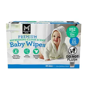 Member's Mark Premium Baby Wipes, Refreshing Clean Scent, 12 Pack, 1152 Wipes - Cleaning
