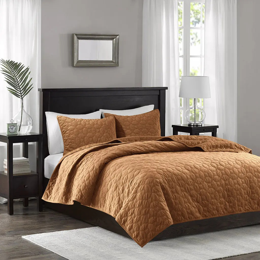 Madison Park MP13-8008 Harper Velvet Geometric Glam Quilt Set - King & California King Size, 3-Piece, Rust, 104x94x0.25 in, Cotton, Anti-Microbial Treatment, Machine Washable, King Size Bed