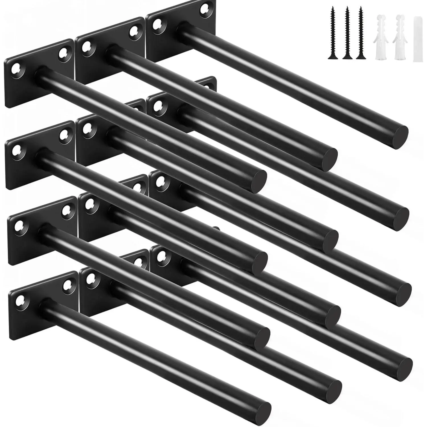 8 Pcs 6" Black Solid Steel Floating Shelf Bracket Blind Shelf Supports - Hidden Brackets for Floating Wood Shelves - Concealed Blind Shelf Support – Screws and Wall Plugs Included