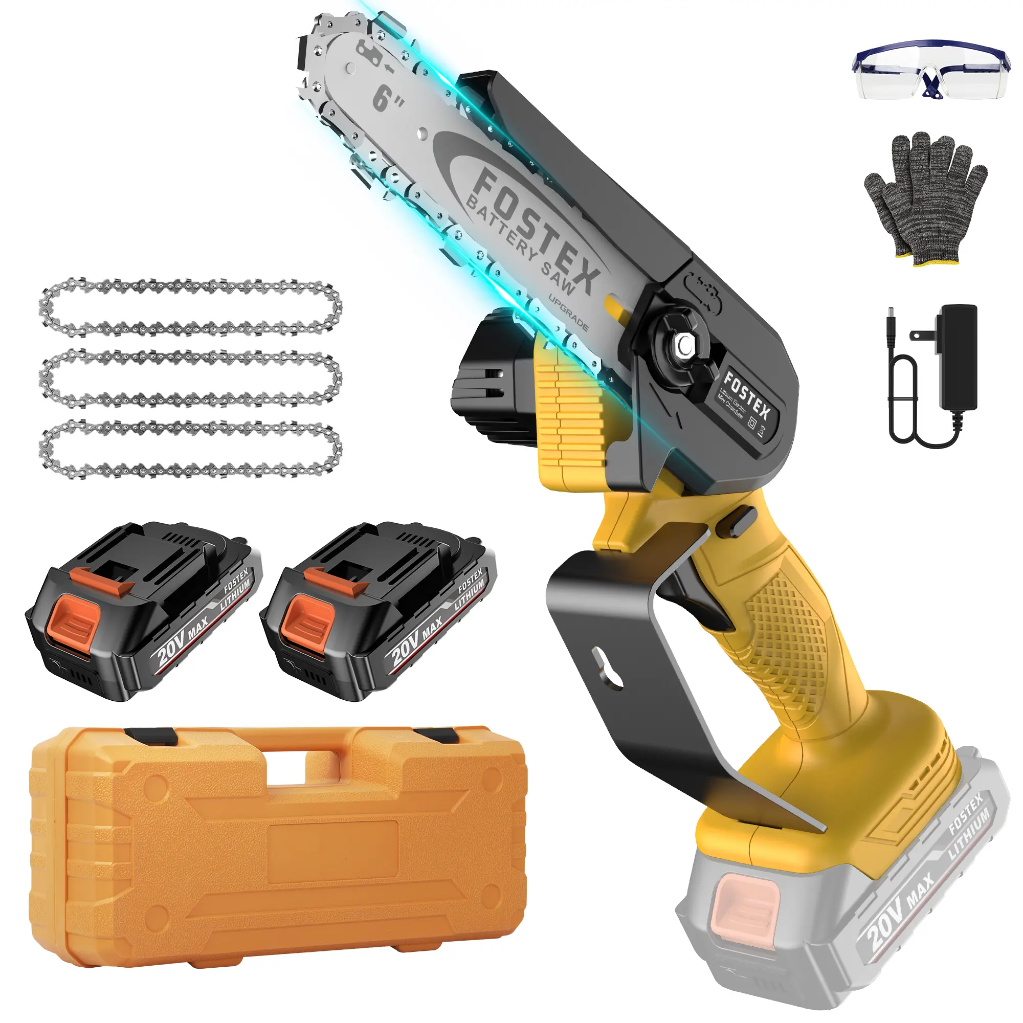 6-Inch Cordless Mini Chainsaw with 2 Batteries and 4 Chains,     Lightweight 2.2-lb Design,   Ideal for Tree Pruning (Garden & Hardware Tool)