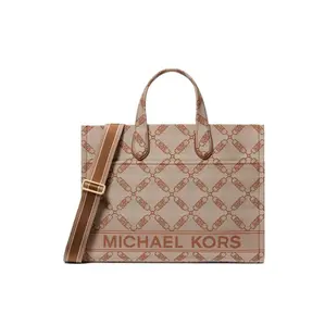 Michael Kors Gigi Large Logo Jacquard Tote - Beige/Acorn Canvas Handbag, Designer Travel Tote with Crossbody Strap, MK Large Satchel