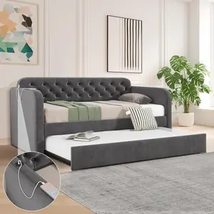 Twin Daybed with Trundle and USB Charging Station, Upholstered Day Bed Frame Twin Size Sofa Bed for Living Room, Bedroom, No Box Spring Needed (Dark Grey)