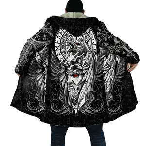 Autumn and Winter Viking European and AmericanCape Men's Velvet Viking Tattoo Large Size Printed Hooded Long Sweater with Detailed Skull Design